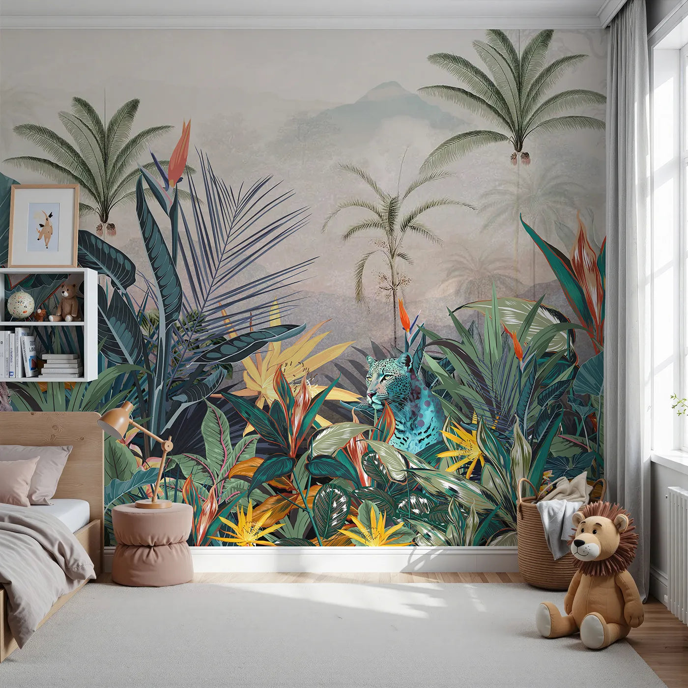 Front view of Whimsy Tots' Jungle Cat Wall Mural
