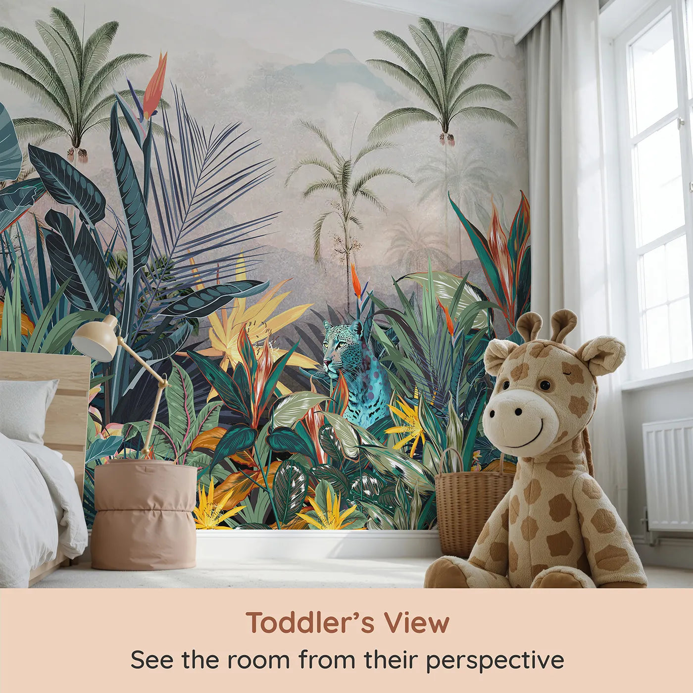 Whimsy Tots Jungle Cat Wall Mural (Turn Their Room into a Vibrant, Tropical Paradise) from your child's view.Gender-Neutral