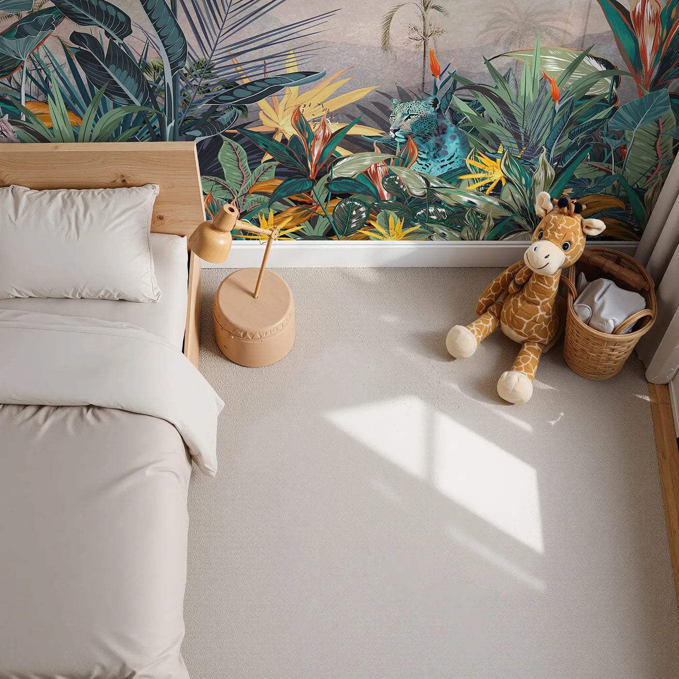 Top-down view of Whimsy Tots' Jungle Cat Wall Mural (Turn Their Room into a Vibrant, Tropical Paradise).Gender-Neutral