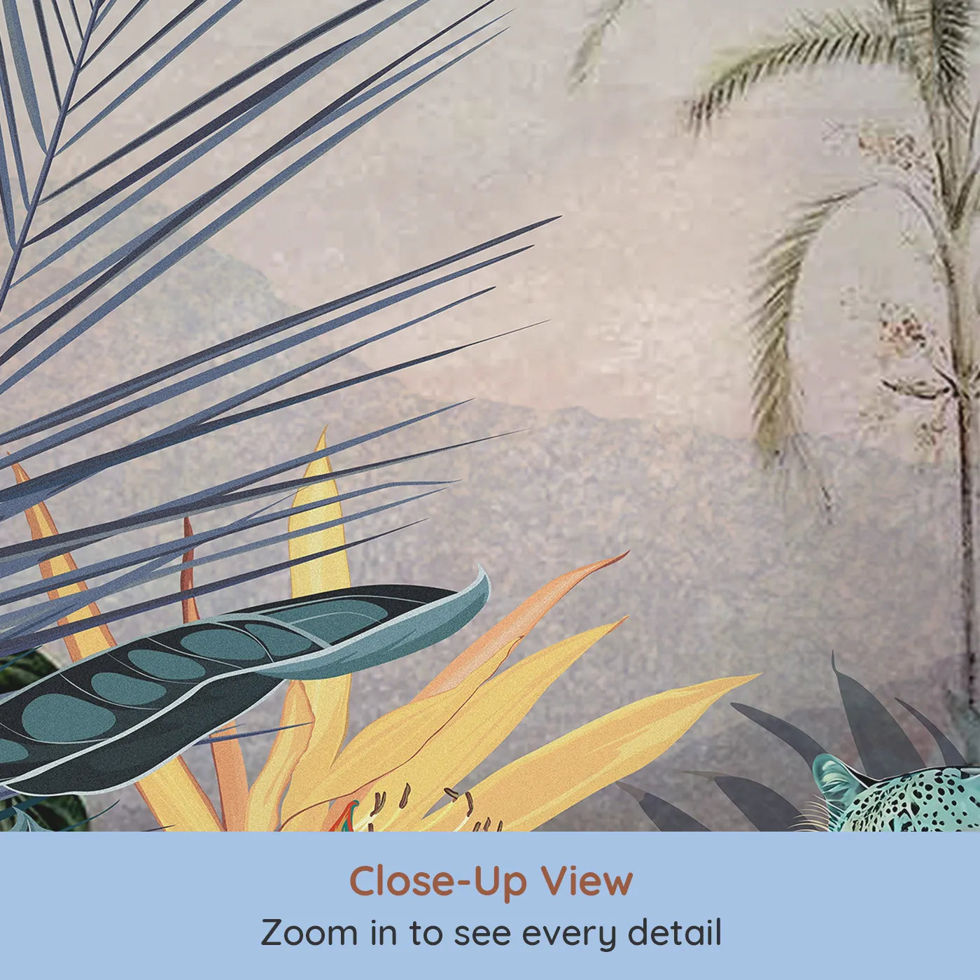 Close-up view of Whimsy Tots' Jungle Cat Wall Mural (Turn Their Room into a Vibrant, Tropical Paradise).Gender-Neutral