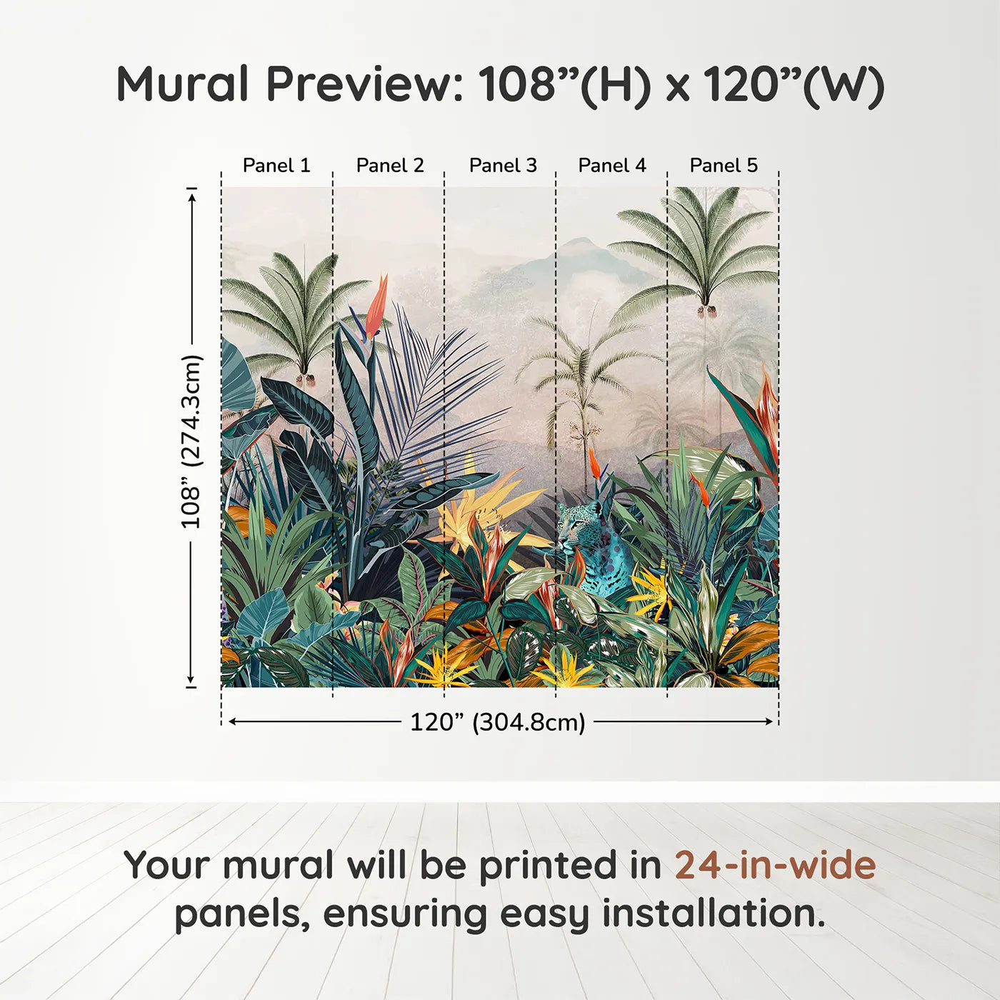 Whimsy Tots Jungle Cat Wall Muraldimension view (108" H x 120" W). Printed in five 24-inch-wide panels. Gender-Neutral