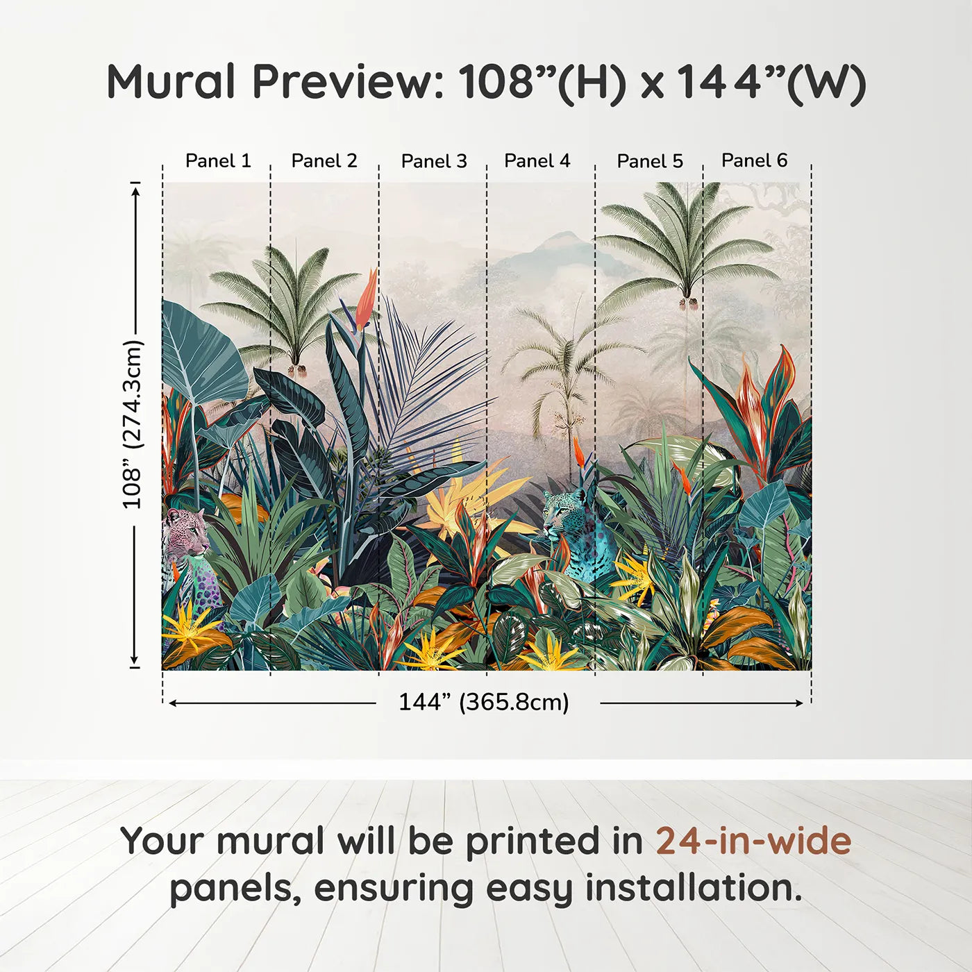 Whimsy Tots Jungle Cat Wall Muraldimension view (108" H x 144" W). Printed in six 24-inch-wide panels. Gender-Neutral