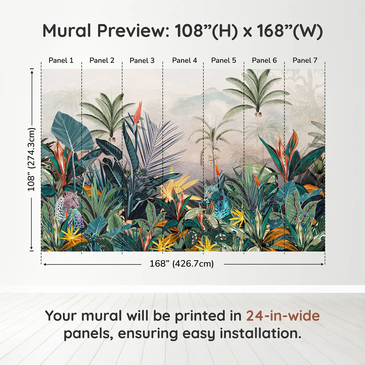 Whimsy Tots Jungle Cat Wall Muraldimension view (108" H x 168" W). Printed in seven 24-inch-wide panels. Gender-Neutral