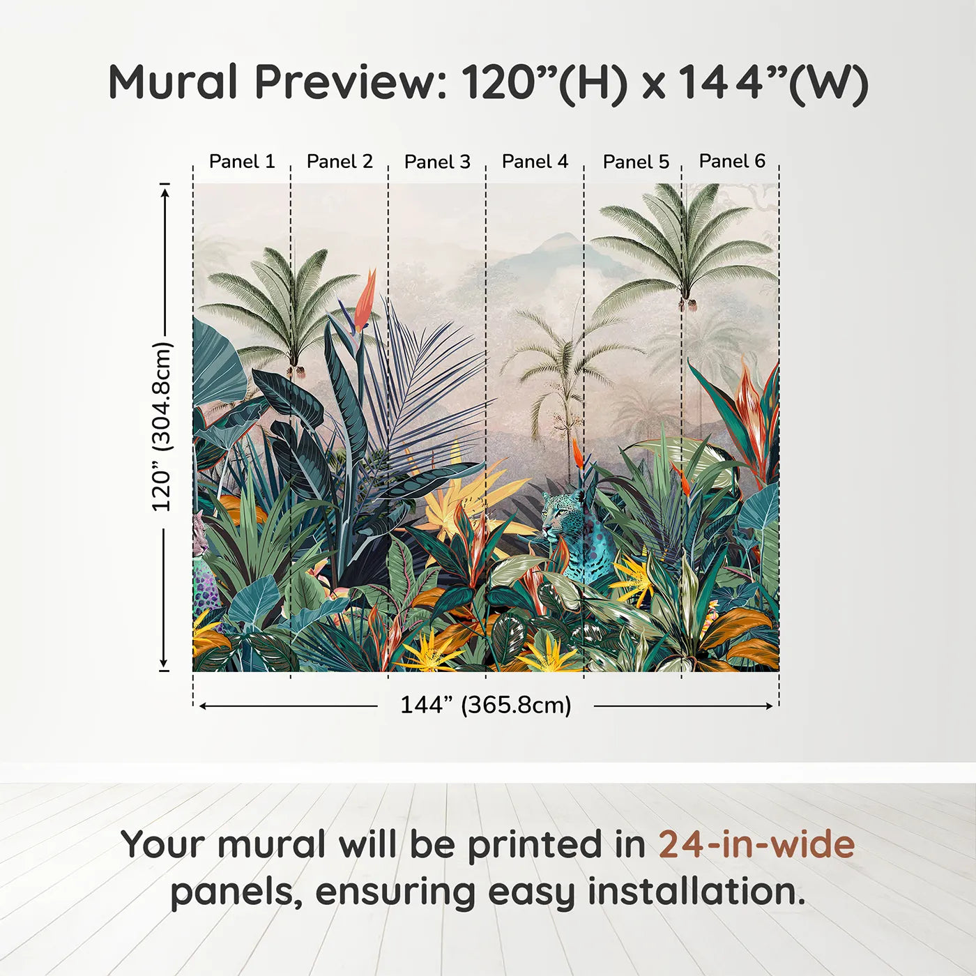 Whimsy Tots Jungle Cat Wall Muraldimension view (120" H x 144" W). Printed in six 24-inch-wide panels. Gender-Neutral
