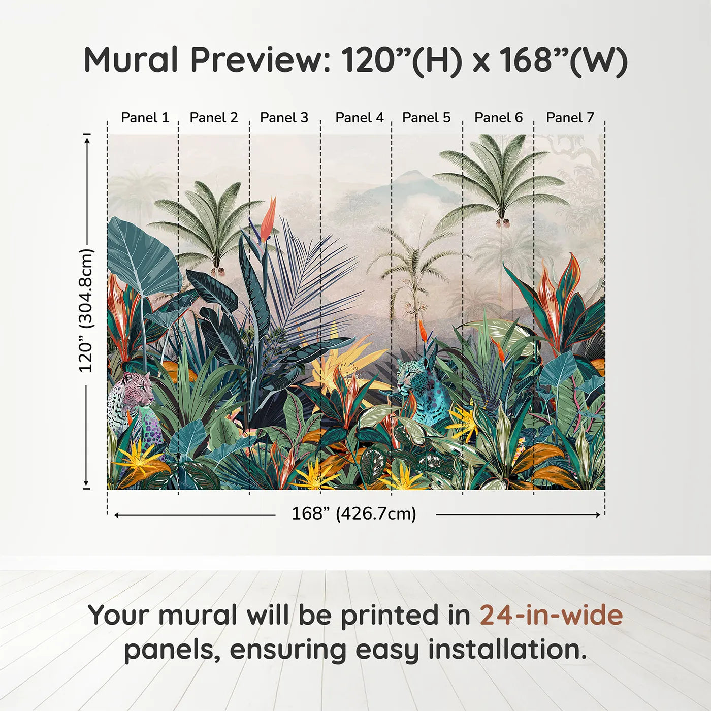 Whimsy Tots Jungle Cat Wall Muraldimension view (120" H x 168" W). Printed in seven 24-inch-wide panels. Gender-Neutral