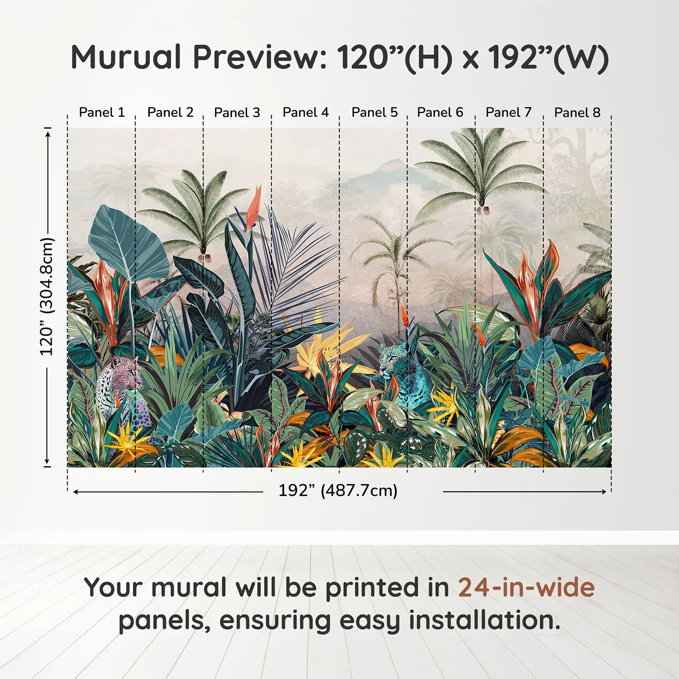 Whimsy Tots Jungle Cat Wall Muraldimension view (120" H x 192" W). Printed in eight 24-inch-wide panels. Gender-Neutral