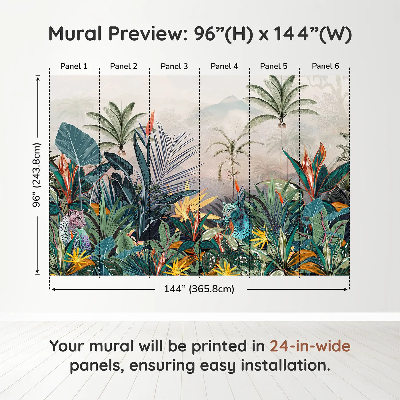 Whimsy Tots Jungle Cat Wall Muraldimension view (96" H x 144" W). Printed in six 24-inch-wide panels. Gender-Neutral