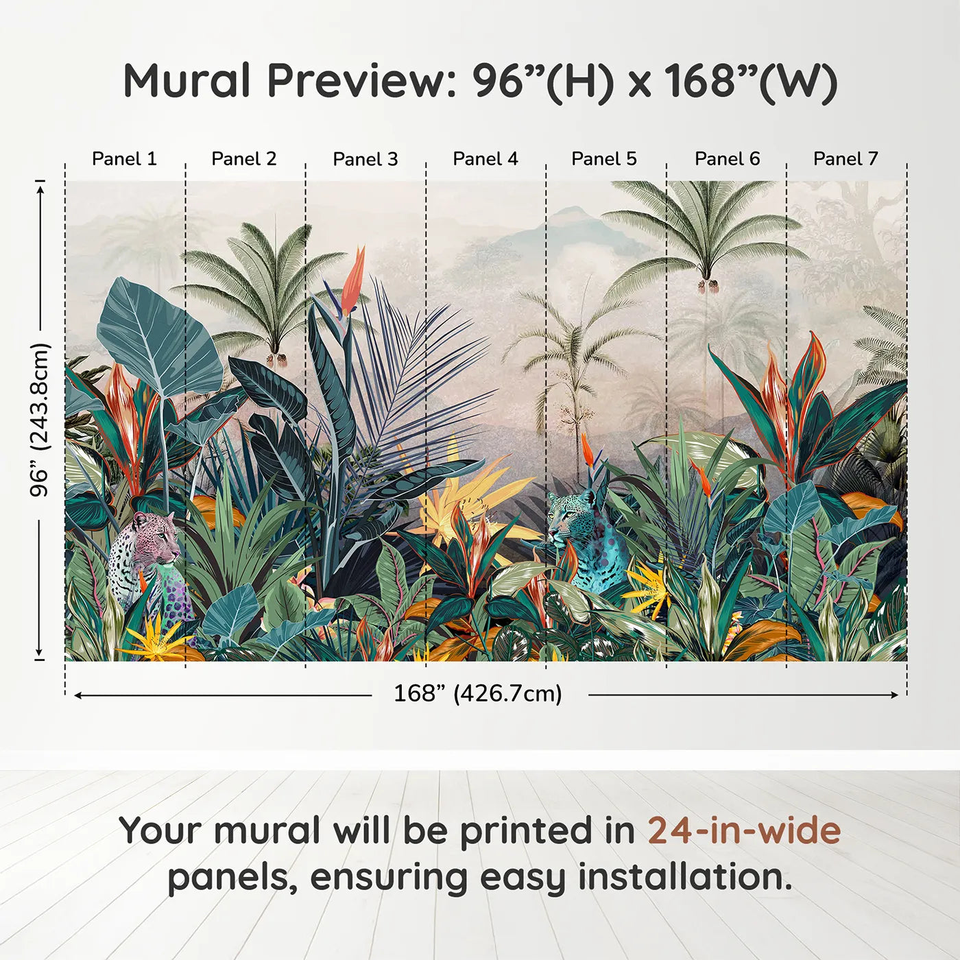 Whimsy Tots Jungle Cat Wall Muraldimension view (96" H x 168" W). Printed in seven 24-inch-wide panels. Gender-Neutral