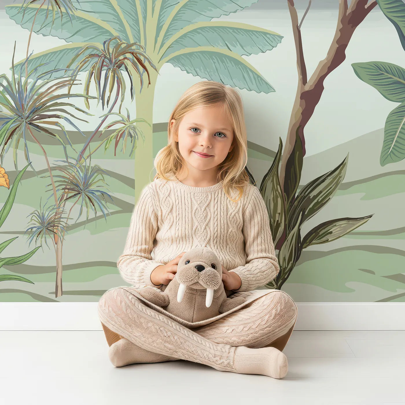 Child in front of Whimsy Tots Misty Chinoiserie Garden Wall Mural with chinoiserie, vintage, floral, flower, bird, tree, green, misty in design.