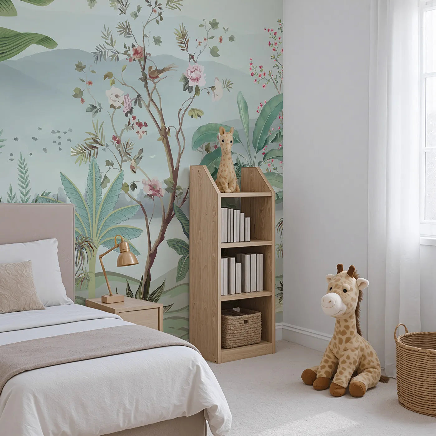 Angled view of Whimsy Tots' Misty Chinoiserie Garden Wall Mural (Turn Their Room into an Elegant, Hand-Painted Paradise).Gender-Neutral