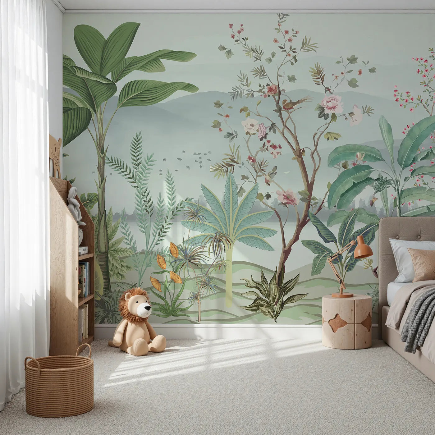 Front view of Whimsy Tots' Misty Chinoiserie Garden Wall Mural