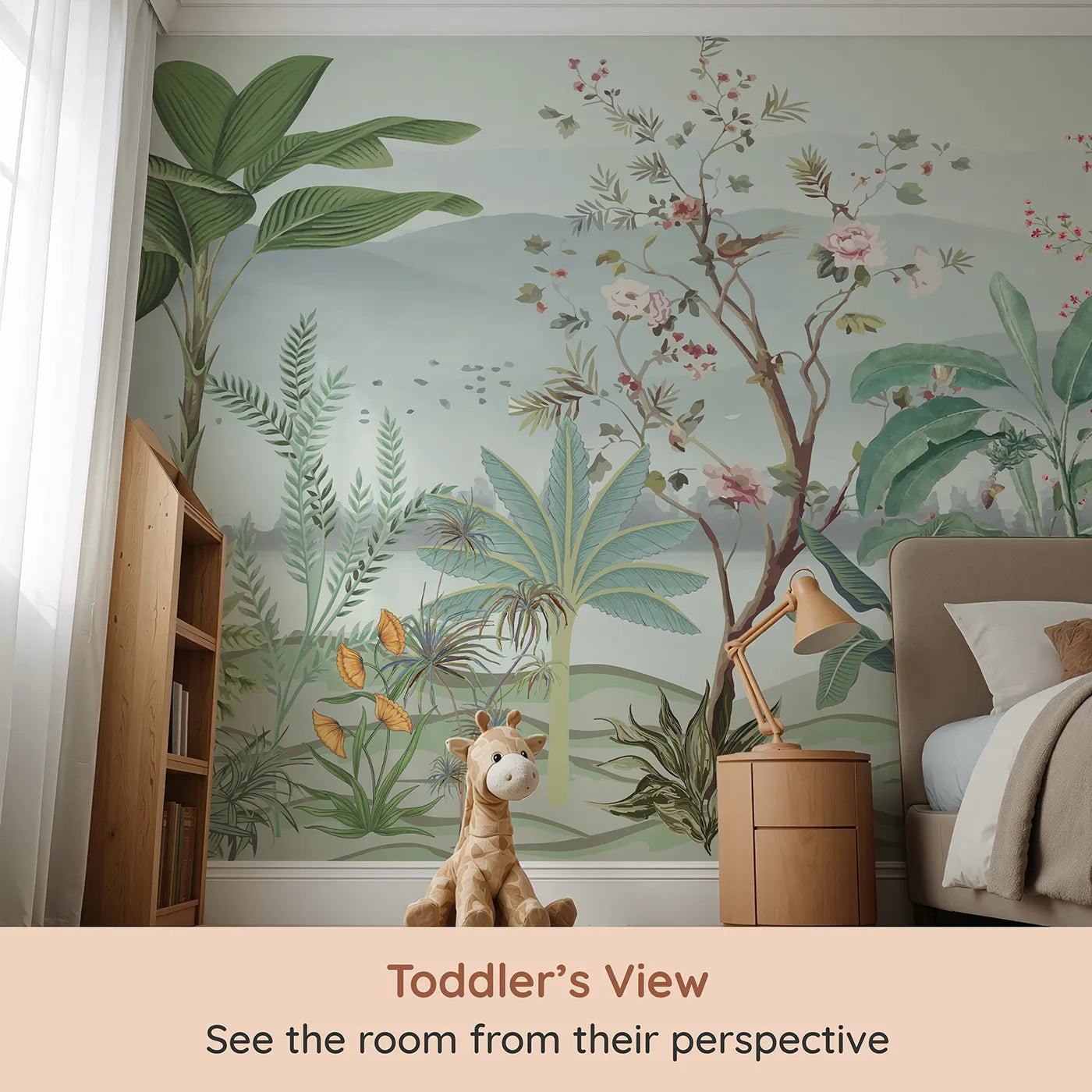 Whimsy Tots Misty Chinoiserie Garden Wall Mural (Turn Their Room into an Elegant, Hand-Painted Paradise) from your child's view.Gender-Neutral