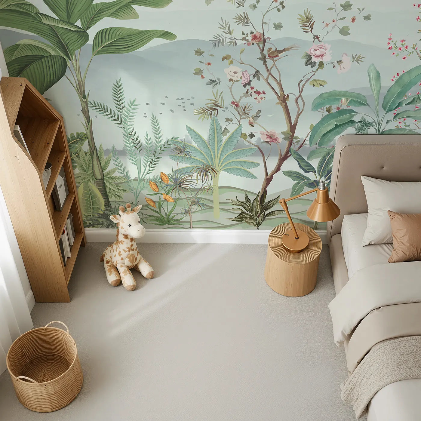 Top-down view of Whimsy Tots' Misty Chinoiserie Garden Wall Mural (Turn Their Room into an Elegant, Hand-Painted Paradise).Gender-Neutral
