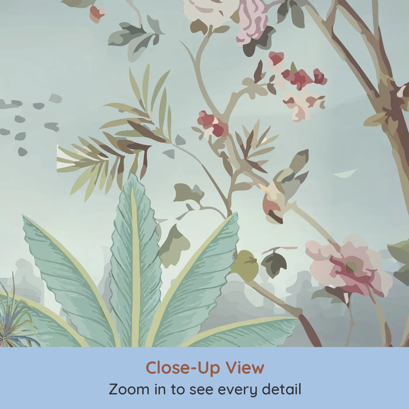 Close-up view of Whimsy Tots' Misty Chinoiserie Garden Wall Mural (Turn Their Room into an Elegant, Hand-Painted Paradise).Gender-Neutral