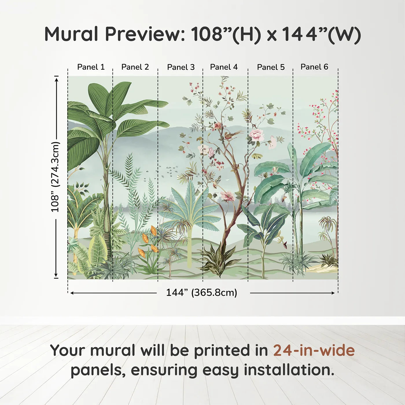 Whimsy Tots Misty Chinoiserie Garden Wall Muraldimension view (108" H x 144" W). Printed in six 24-inch-wide panels. Gender-Neutral