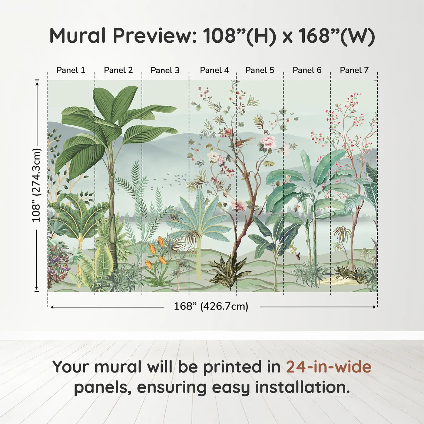 Whimsy Tots Misty Chinoiserie Garden Wall Muraldimension view (108" H x 168" W). Printed in seven 24-inch-wide panels. Gender-Neutral