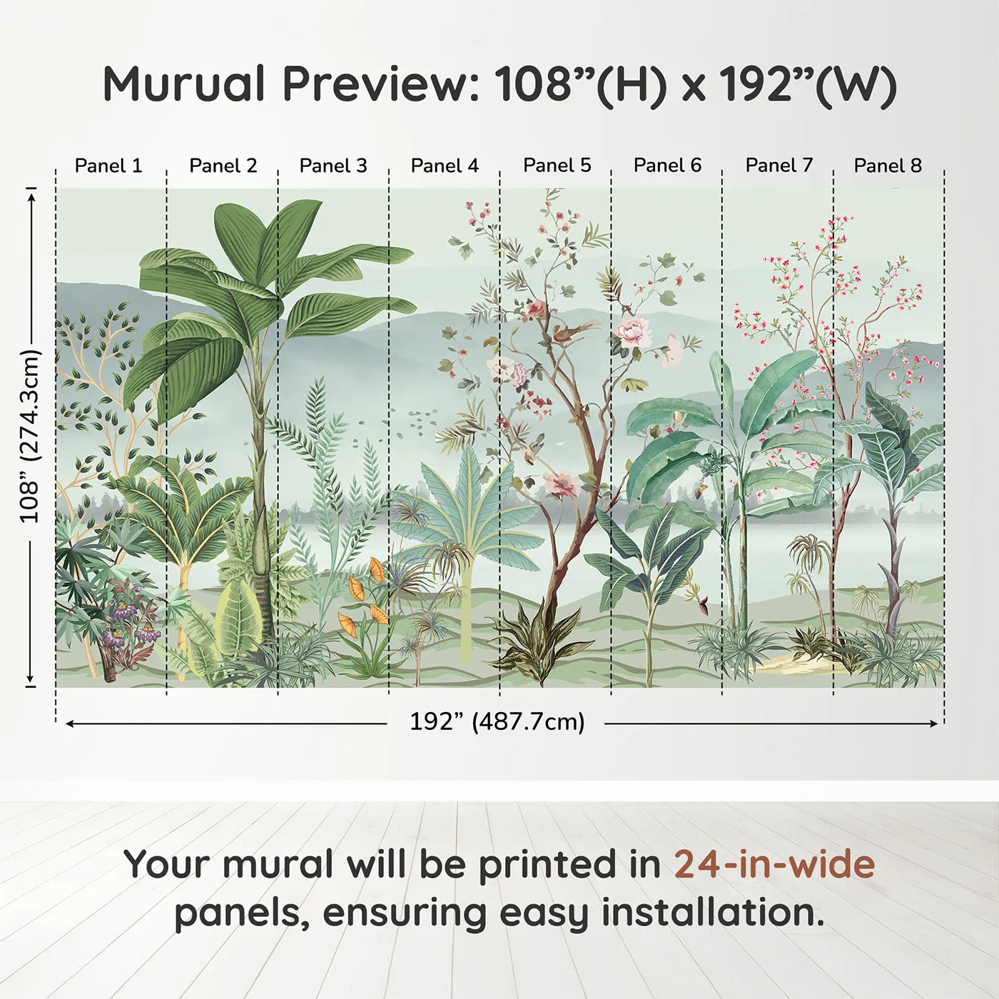 Whimsy Tots Misty Chinoiserie Garden Wall Muraldimension view (108" H x 192" W). Printed in eight 24-inch-wide panels. Gender-Neutral