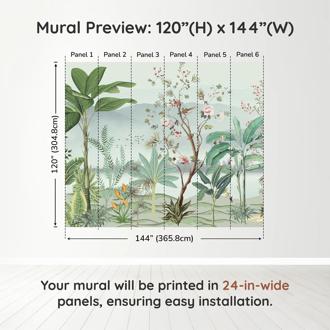 Whimsy Tots Misty Chinoiserie Garden Wall Muraldimension view (120" H x 144" W). Printed in six 24-inch-wide panels. Gender-Neutral