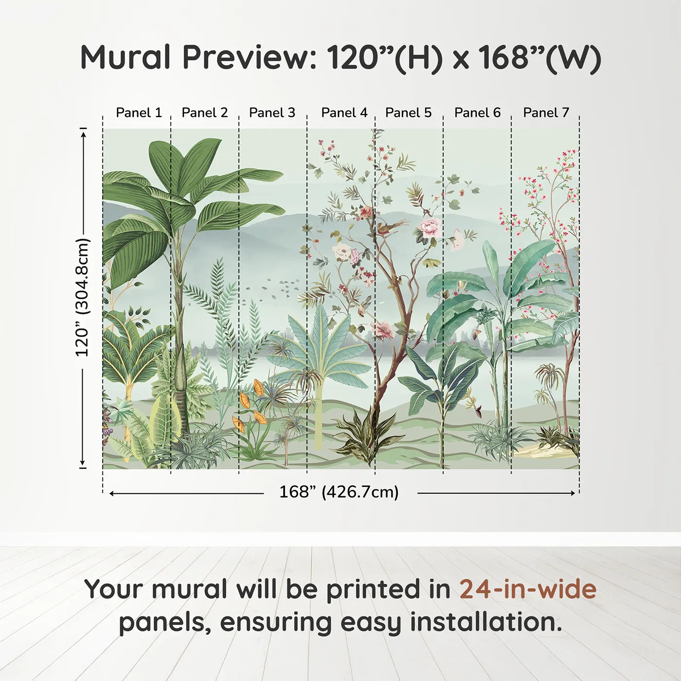 Whimsy Tots Misty Chinoiserie Garden Wall Muraldimension view (120" H x 168" W). Printed in seven 24-inch-wide panels. Gender-Neutral