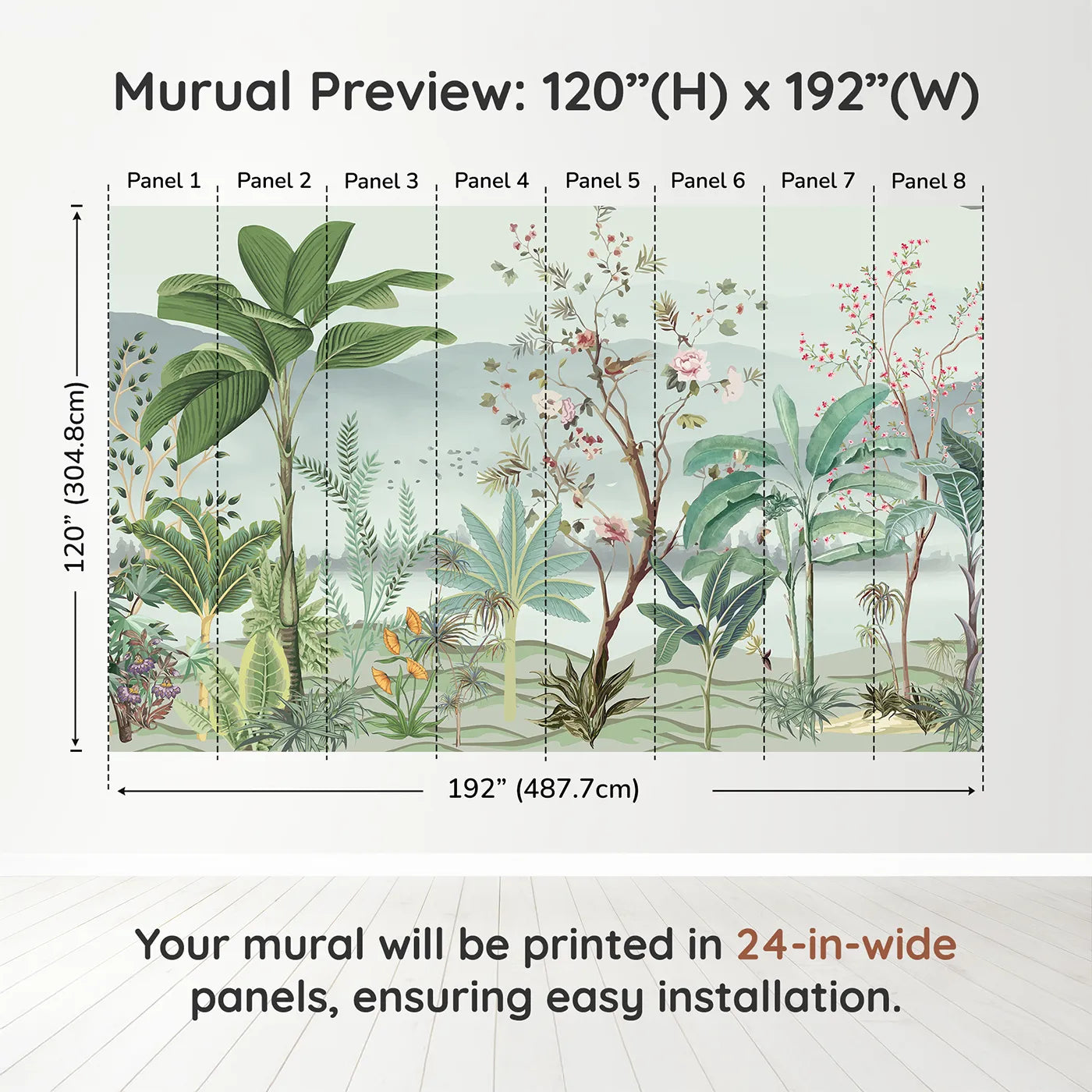 Whimsy Tots Misty Chinoiserie Garden Wall Muraldimension view (120" H x 192" W). Printed in eight 24-inch-wide panels. Gender-Neutral