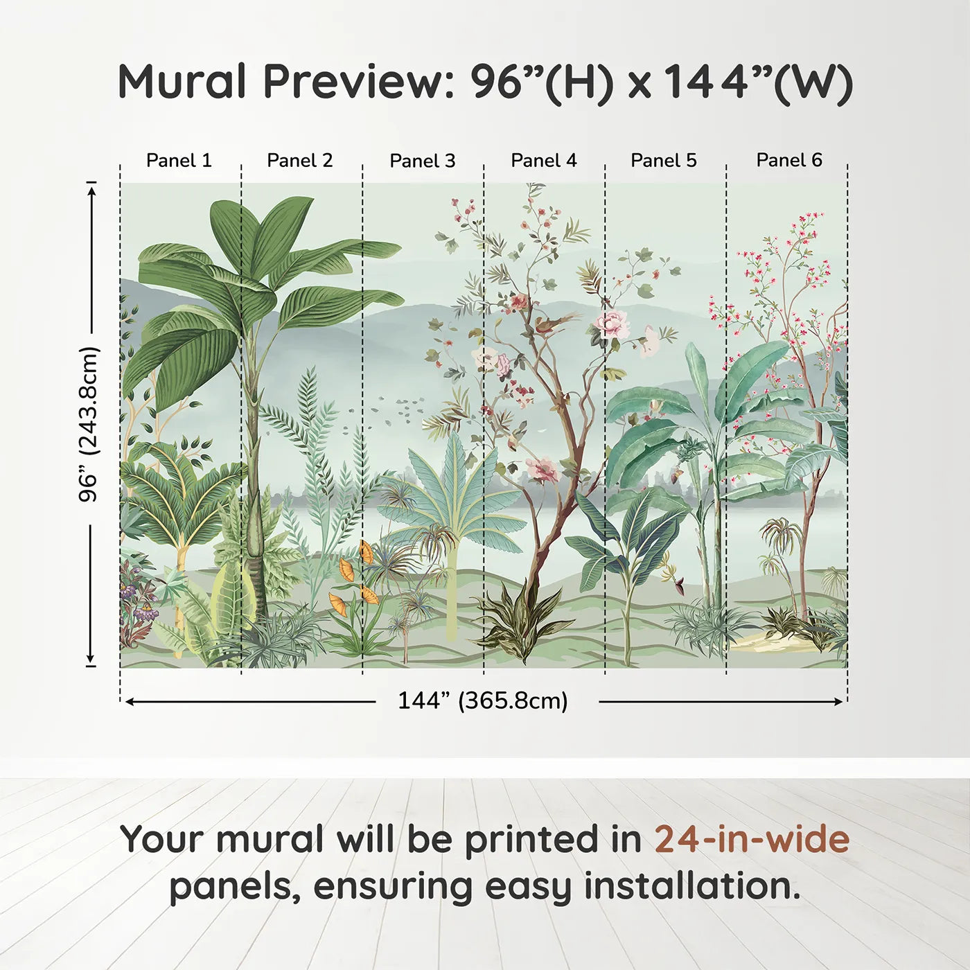Whimsy Tots Misty Chinoiserie Garden Wall Muraldimension view (96" H x 144" W). Printed in six 24-inch-wide panels. Gender-Neutral