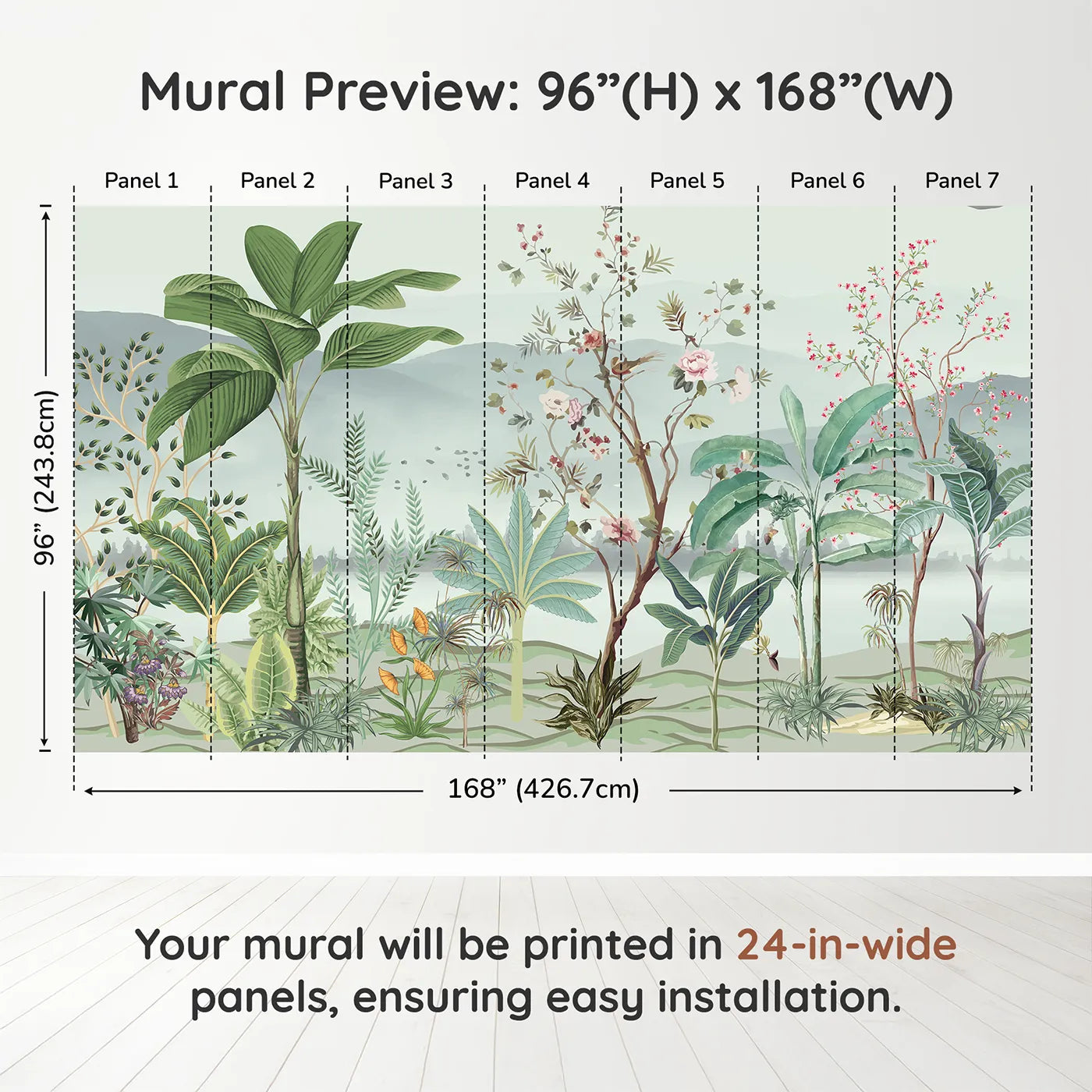 Whimsy Tots Misty Chinoiserie Garden Wall Muraldimension view (96" H x 168" W). Printed in seven 24-inch-wide panels. Gender-Neutral