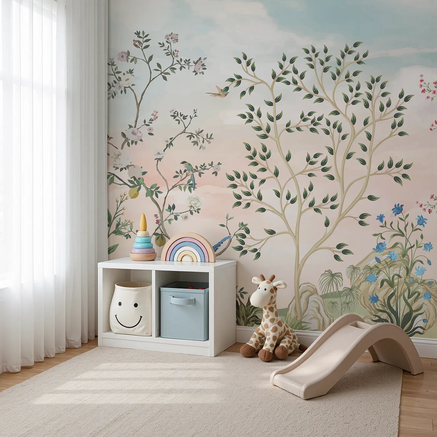 Angled view of Whimsy Tots' Pastel Chinoiserie Garden Wall Mural (Turn Their Room into an Elegant, Hand-Painted Paradise).Gender-Neutral