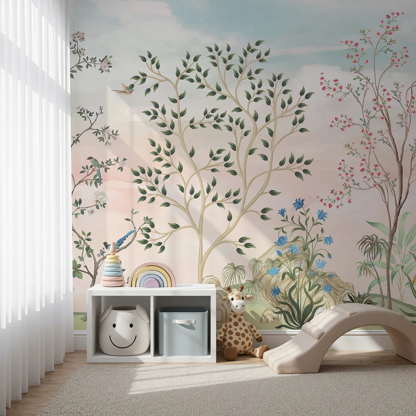 Front view of Whimsy Tots' Pastel Chinoiserie Garden Wall Mural