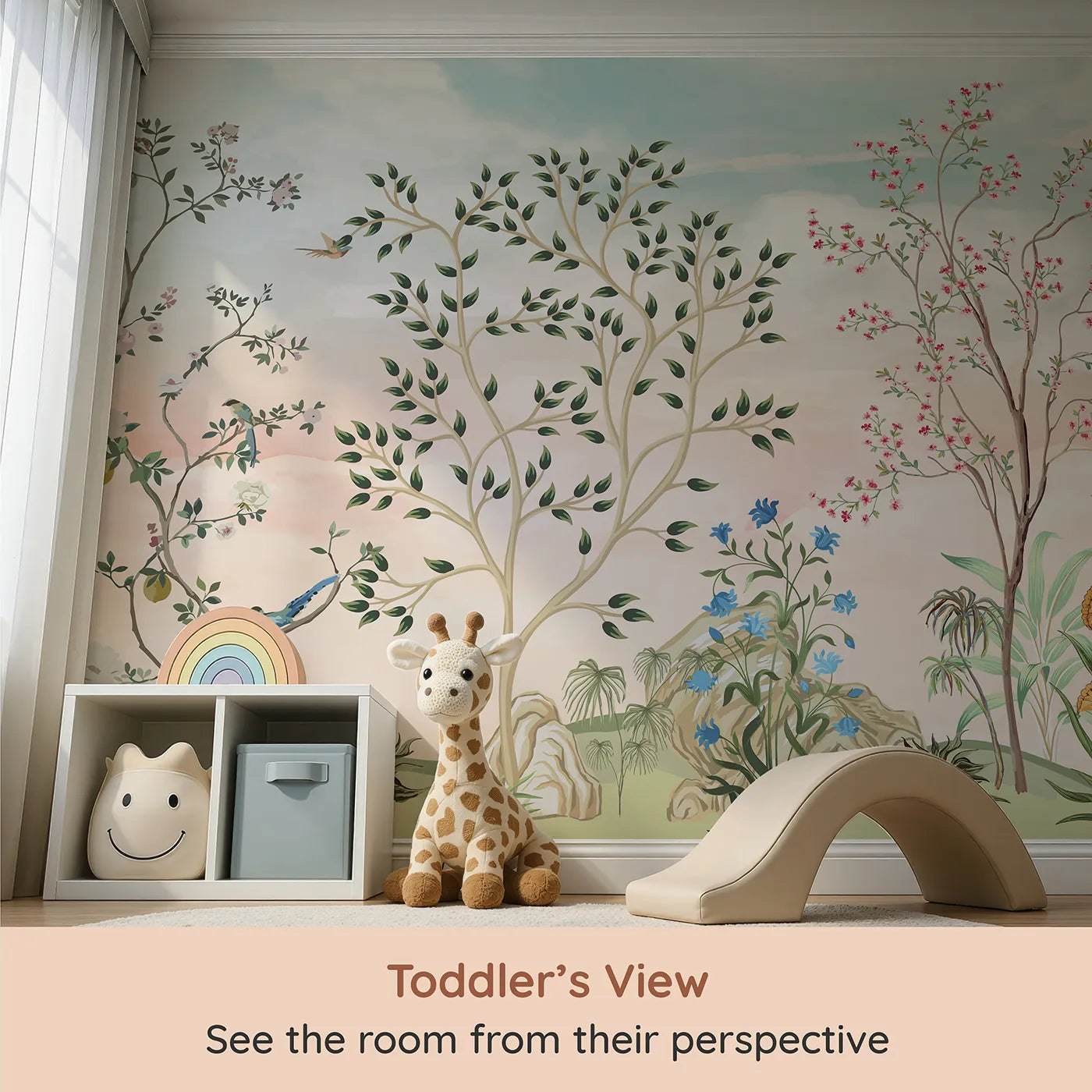 Whimsy Tots Pastel Chinoiserie Garden Wall Mural (Turn Their Room into an Elegant, Hand-Painted Paradise) from your child's view.Gender-Neutral