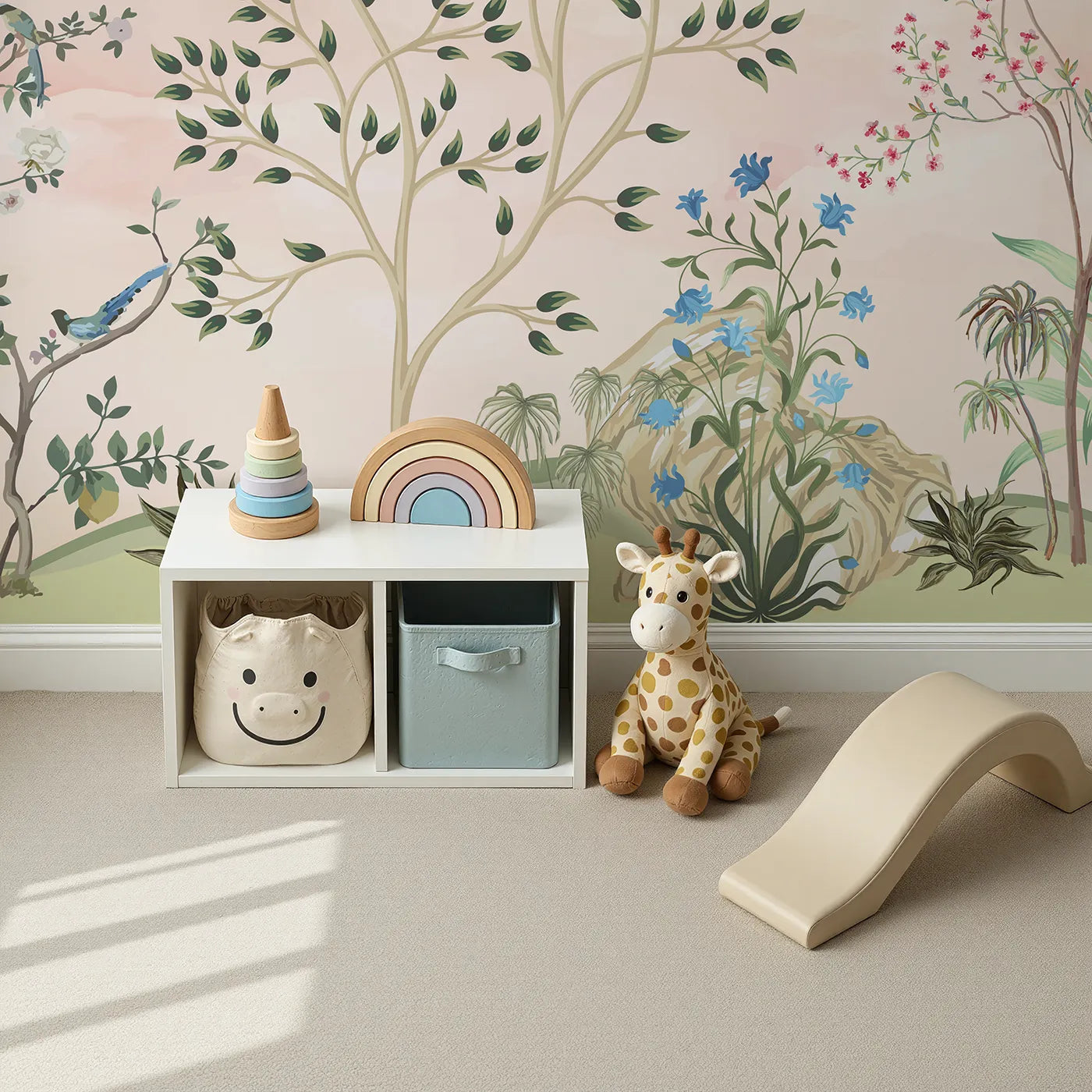 Top-down view of Whimsy Tots' Pastel Chinoiserie Garden Wall Mural (Turn Their Room into an Elegant, Hand-Painted Paradise).Gender-Neutral