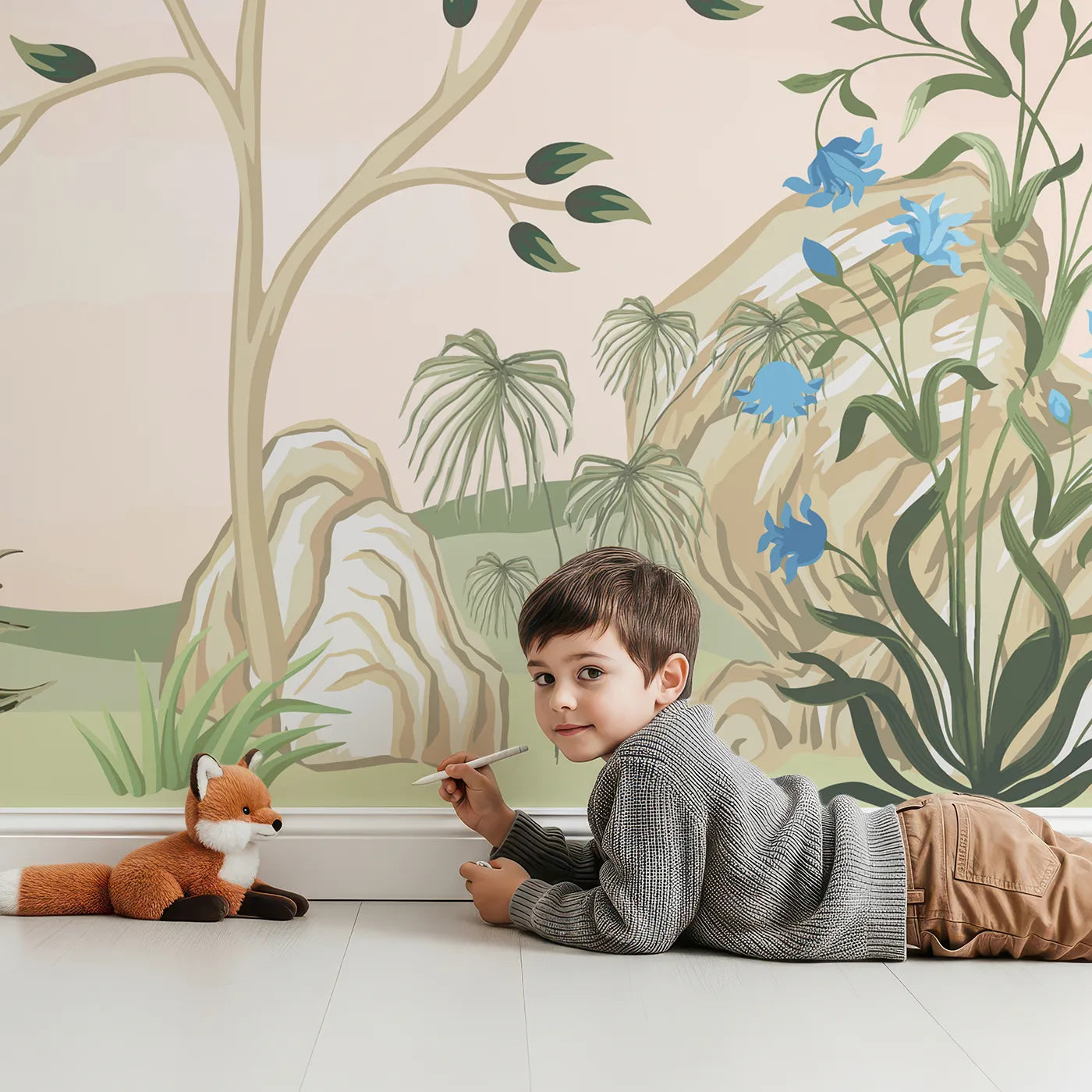Child in front of Whimsy Tots Pastel Chinoiserie Garden Wall Mural with chinoiserie, vintage, floral, flower, bird, tree, pastel, sky in design.