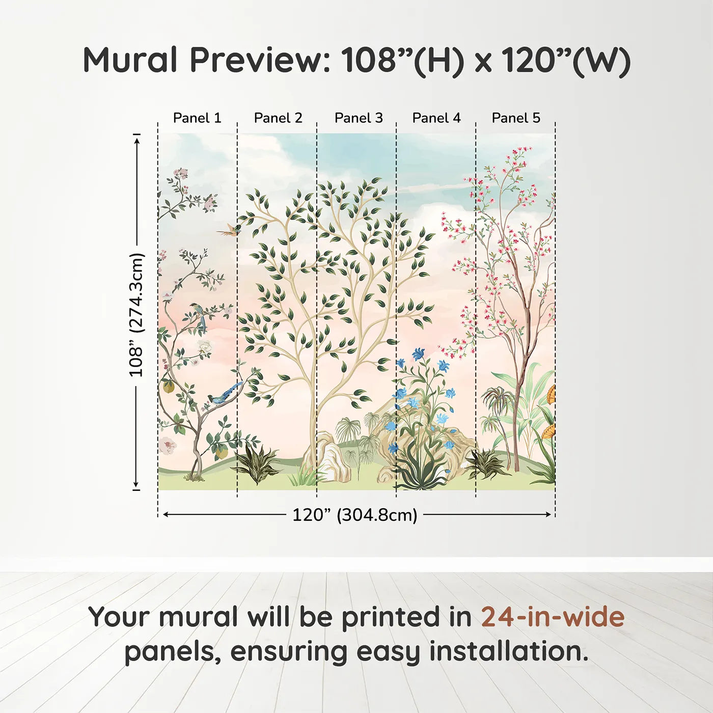 Whimsy Tots Pastel Chinoiserie Garden Wall Muraldimension view (108" H x 120" W). Printed in five 24-inch-wide panels. Gender-Neutral