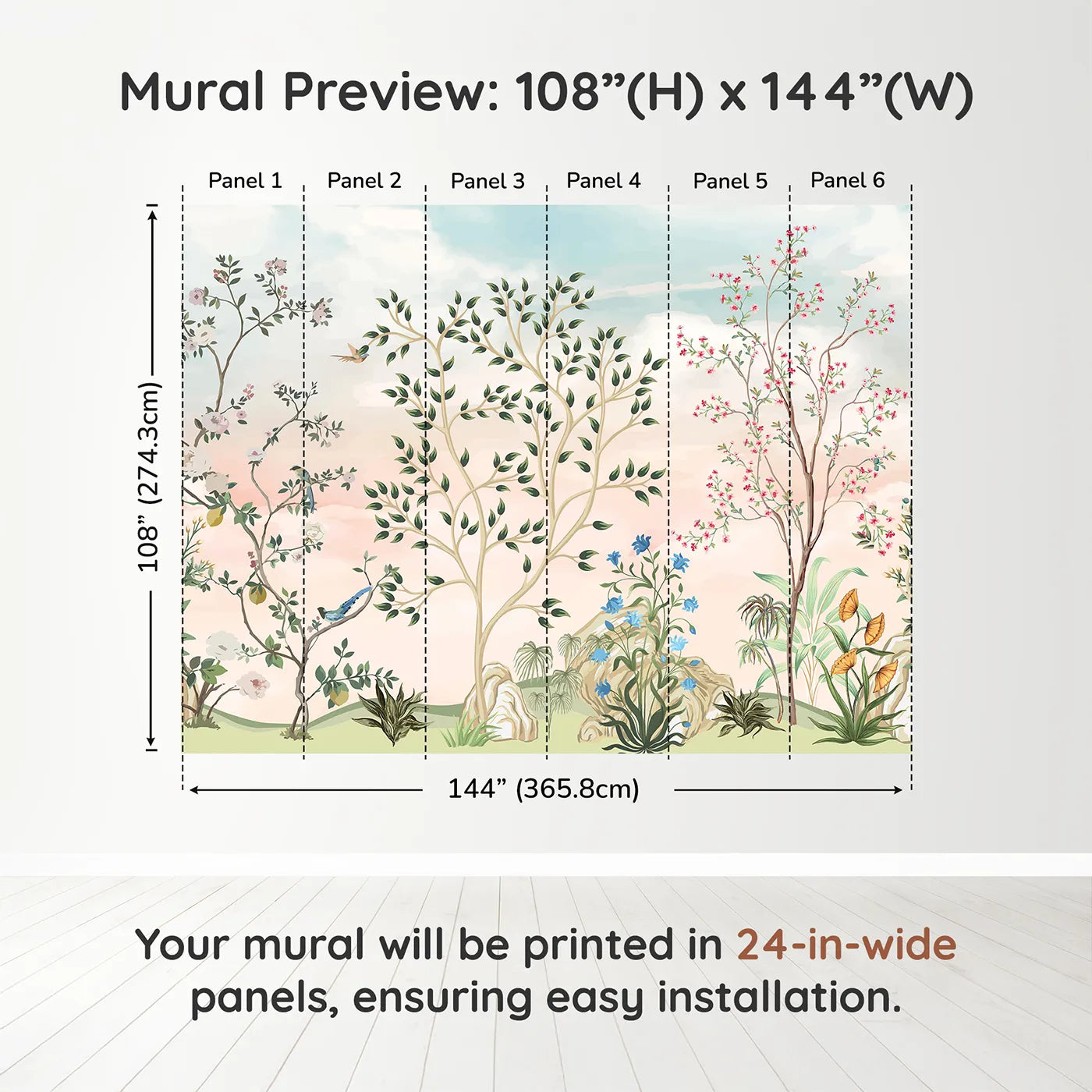 Whimsy Tots Pastel Chinoiserie Garden Wall Muraldimension view (108" H x 144" W). Printed in six 24-inch-wide panels. Gender-Neutral