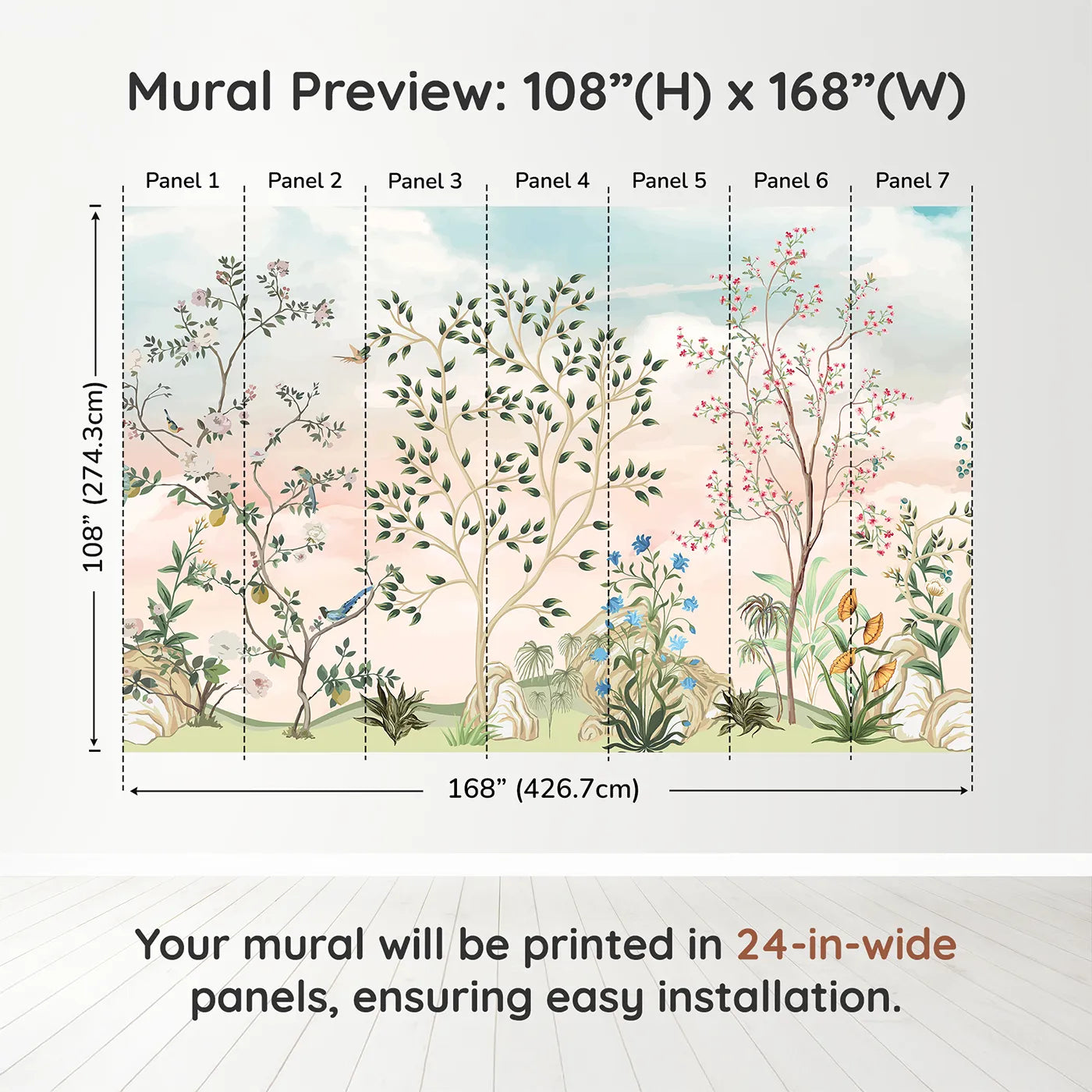 Whimsy Tots Pastel Chinoiserie Garden Wall Muraldimension view (108" H x 168" W). Printed in seven 24-inch-wide panels. Gender-Neutral