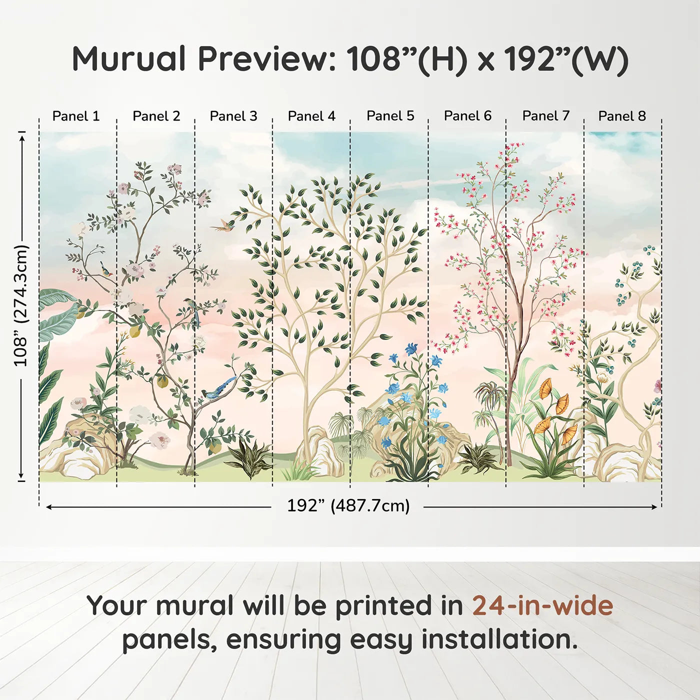 Whimsy Tots Pastel Chinoiserie Garden Wall Muraldimension view (108" H x 192" W). Printed in eight 24-inch-wide panels. Gender-Neutral