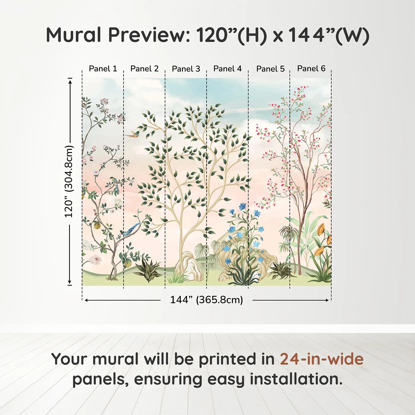 Whimsy Tots Pastel Chinoiserie Garden Wall Muraldimension view (120" H x 144" W). Printed in six 24-inch-wide panels. Gender-Neutral