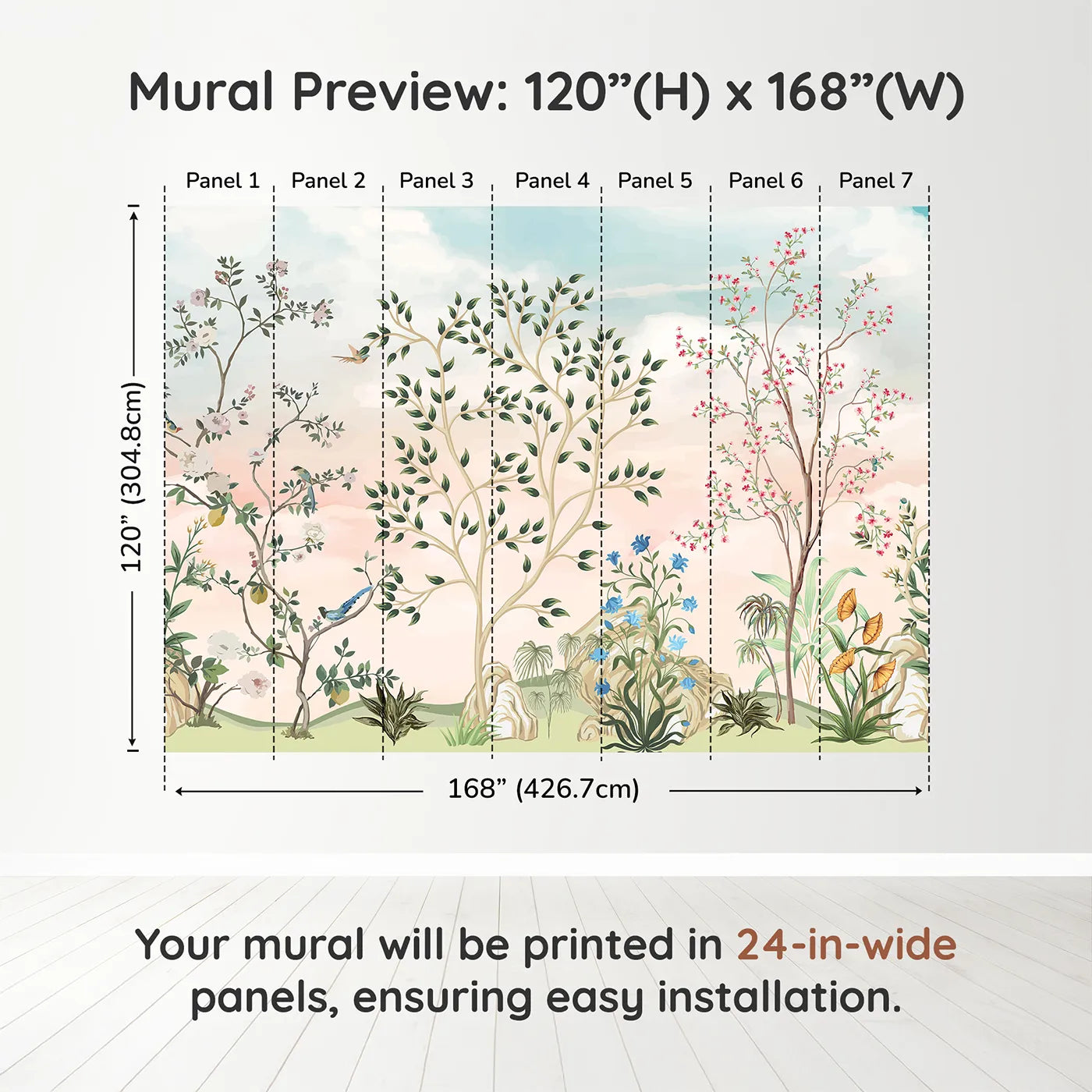 Whimsy Tots Pastel Chinoiserie Garden Wall Muraldimension view (120" H x 168" W). Printed in seven 24-inch-wide panels. Gender-Neutral