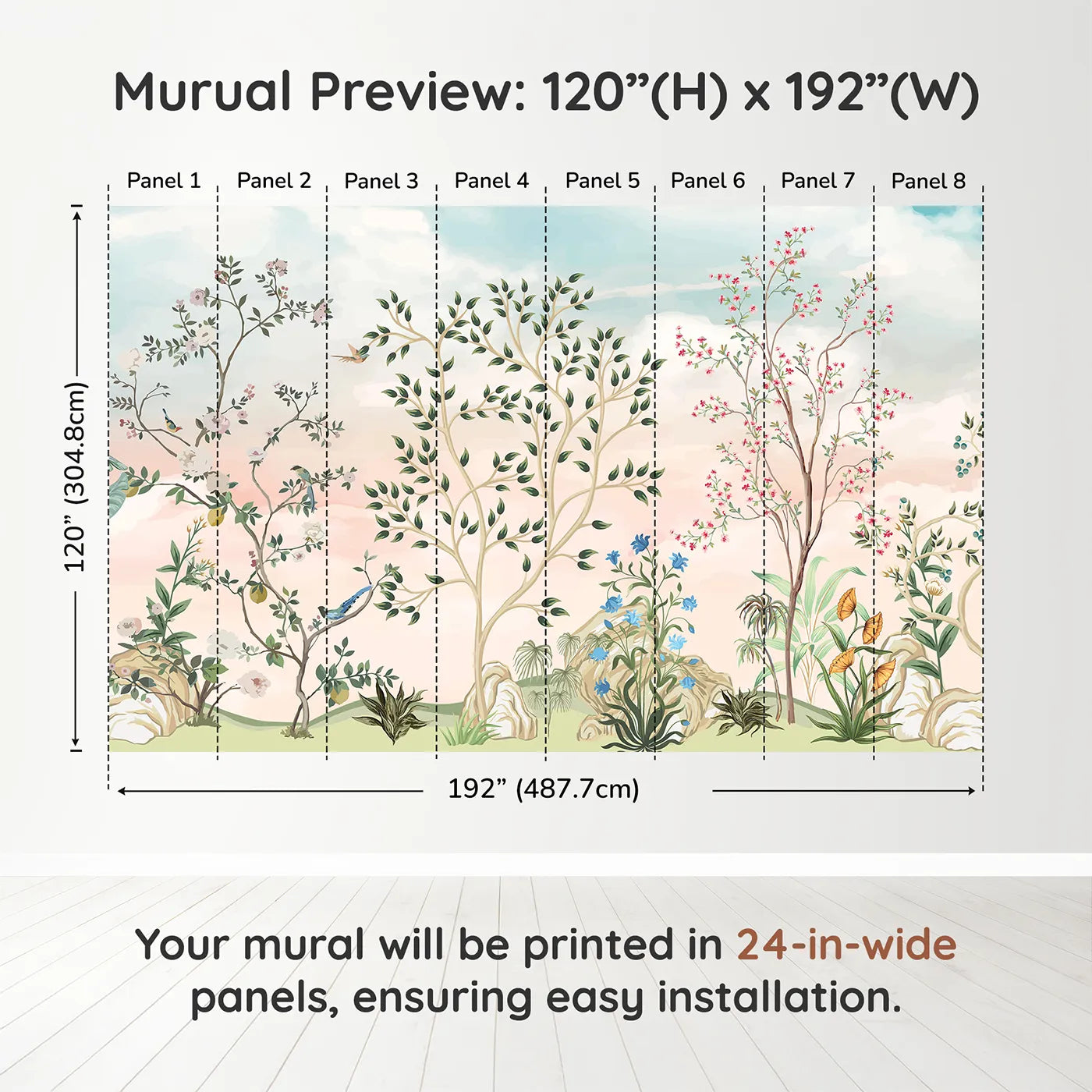 Whimsy Tots Pastel Chinoiserie Garden Wall Muraldimension view (120" H x 192" W). Printed in eight 24-inch-wide panels. Gender-Neutral