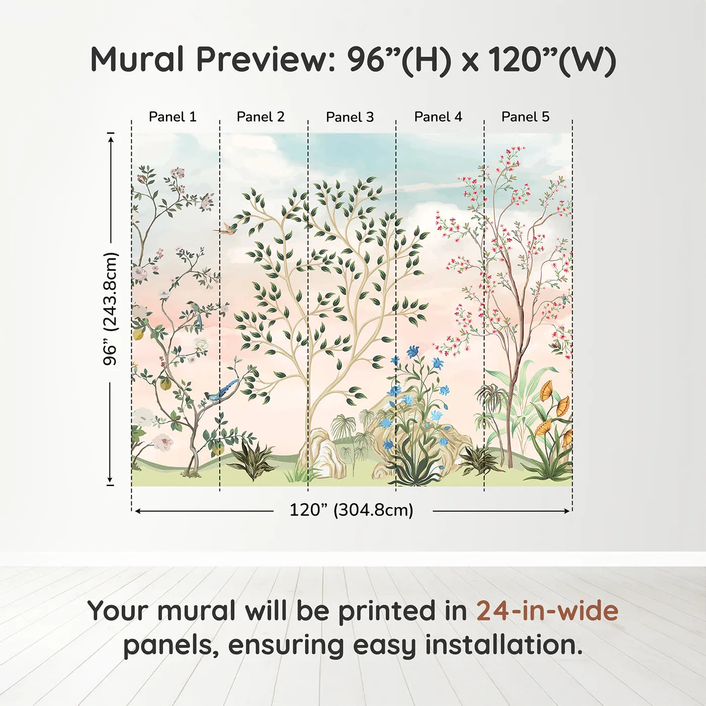 Whimsy Tots Pastel Chinoiserie Garden Wall Muraldimension view (96" H x 120" W). Printed in five 24-inch-wide panels. Gender-Neutral