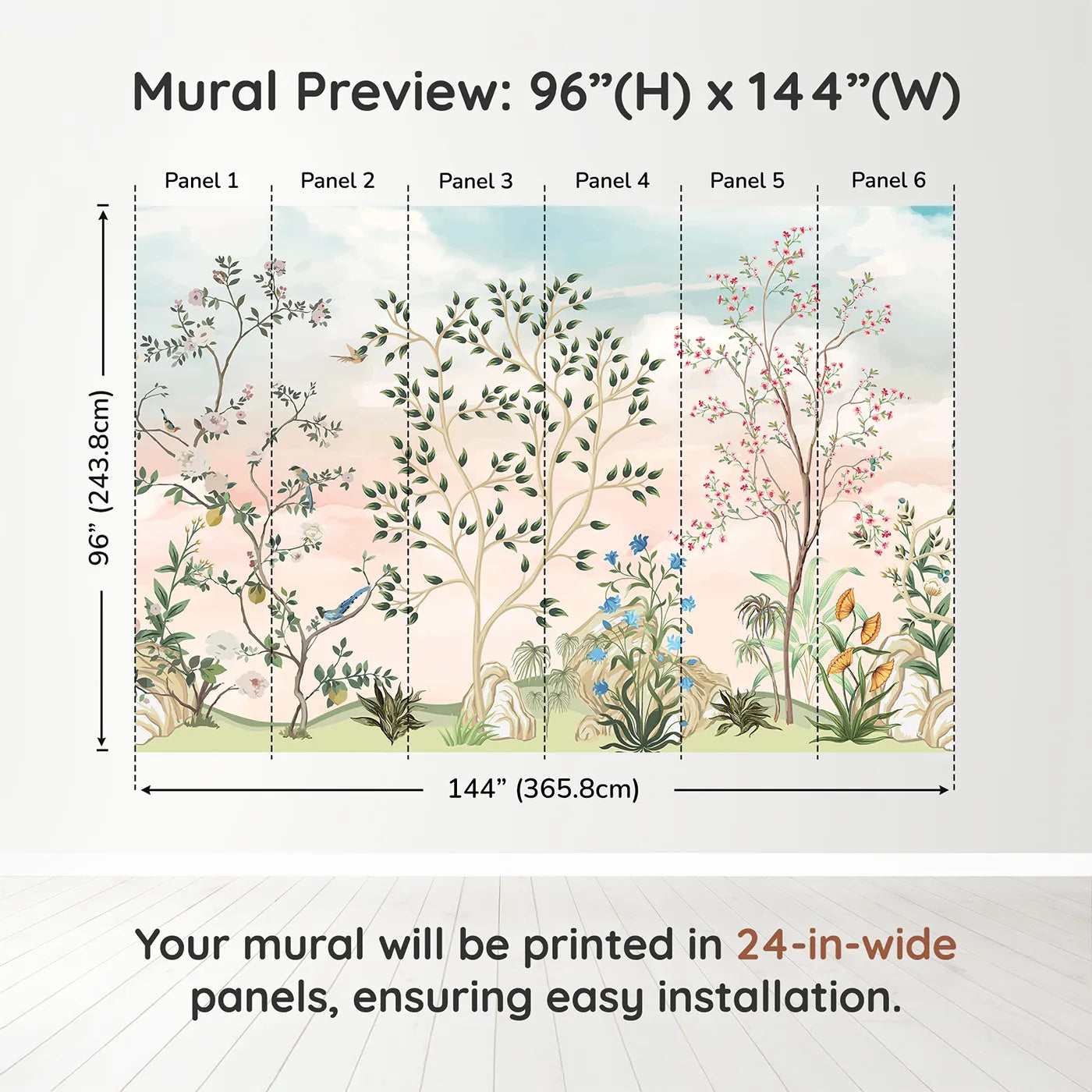 Whimsy Tots Pastel Chinoiserie Garden Wall Muraldimension view (96" H x 144" W). Printed in six 24-inch-wide panels. Gender-Neutral