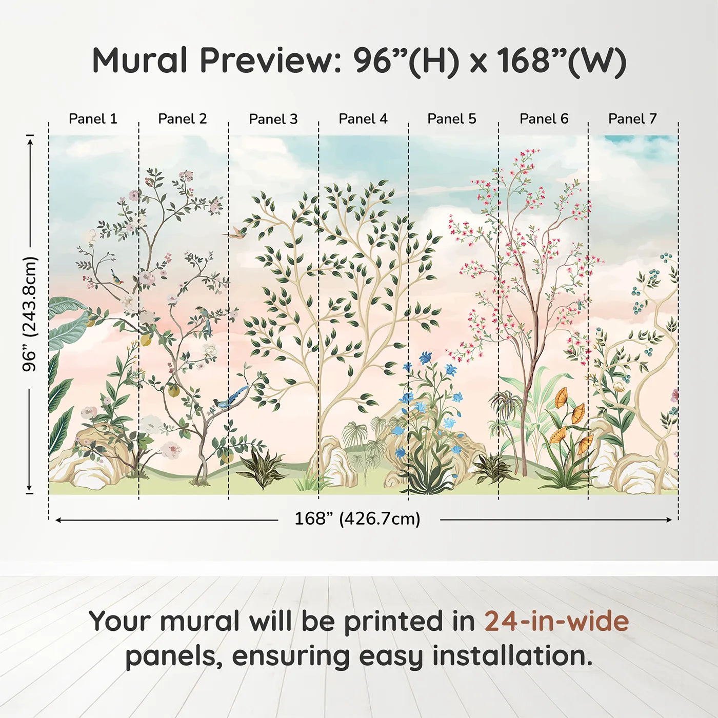 Whimsy Tots Pastel Chinoiserie Garden Wall Muraldimension view (96" H x 168" W). Printed in seven 24-inch-wide panels. Gender-Neutral