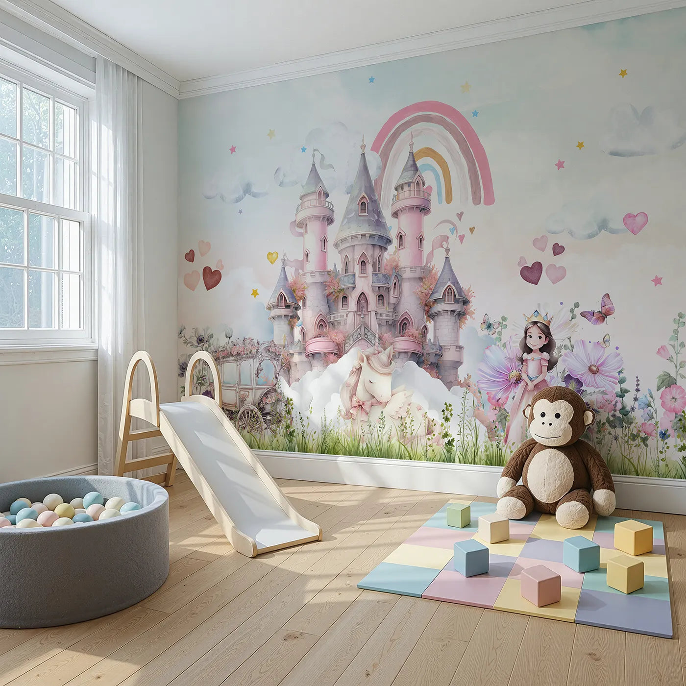 Angled view of Whimsy Tots' Princess and Unicorn Wall Mural (Turn Their Room into the Sweetest, Most Magical Fairytale).Best for Girls