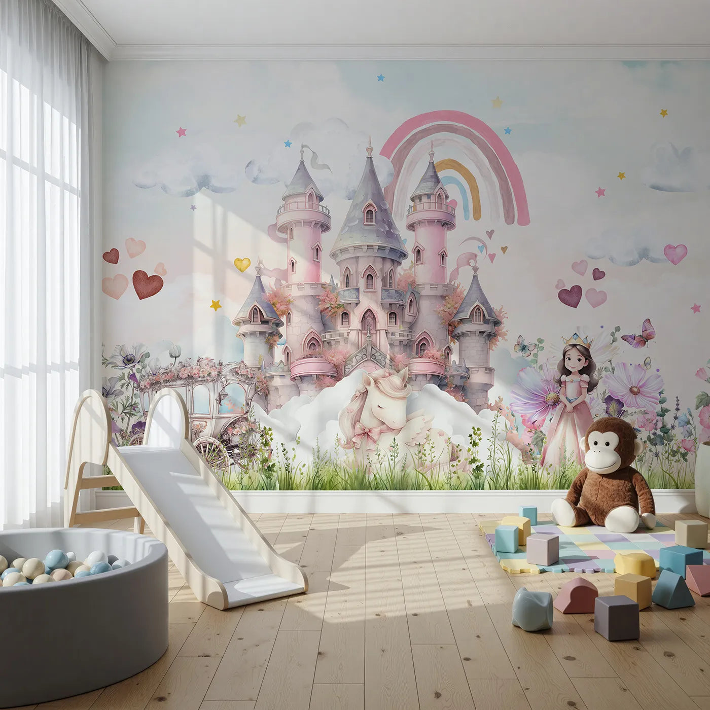 Front view of Whimsy Tots' Princess and Unicorn Wall Mural