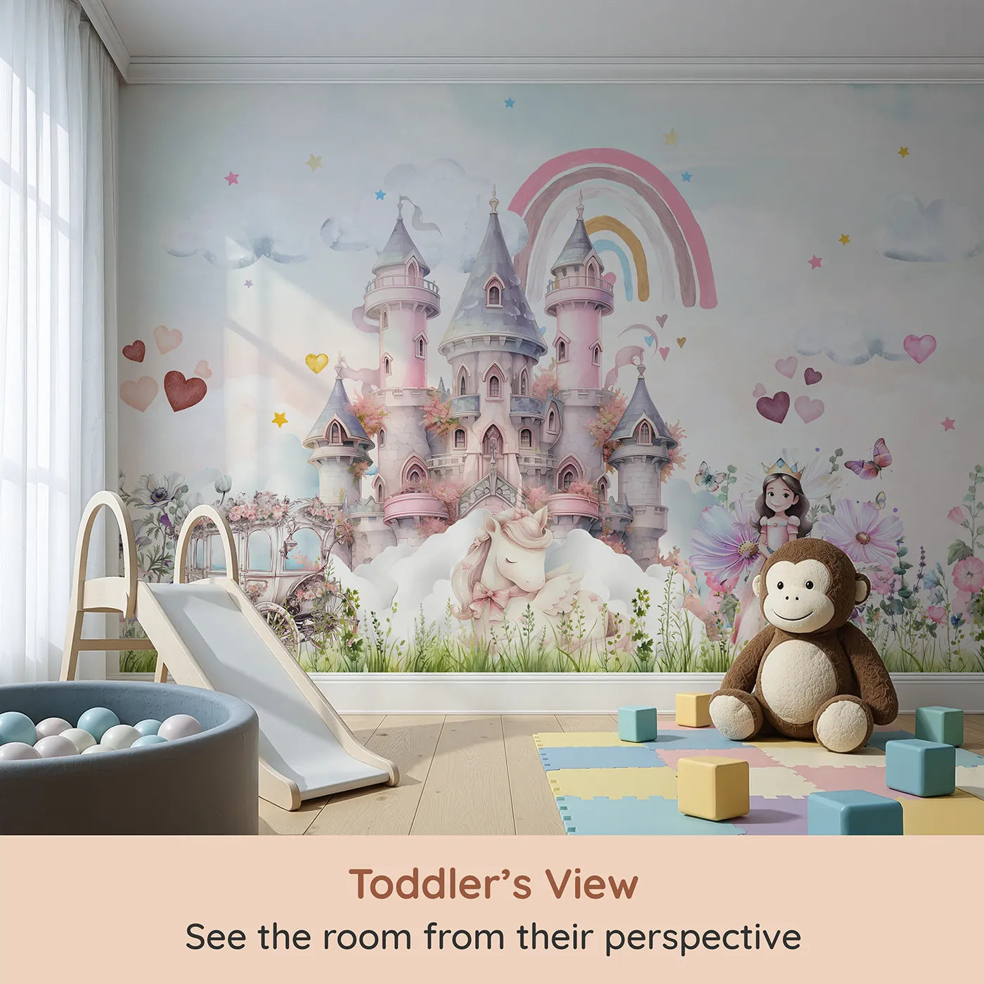 Whimsy Tots Princess and Unicorn Wall Mural (Turn Their Room into the Sweetest, Most Magical Fairytale) from your child's view.Best for Girls