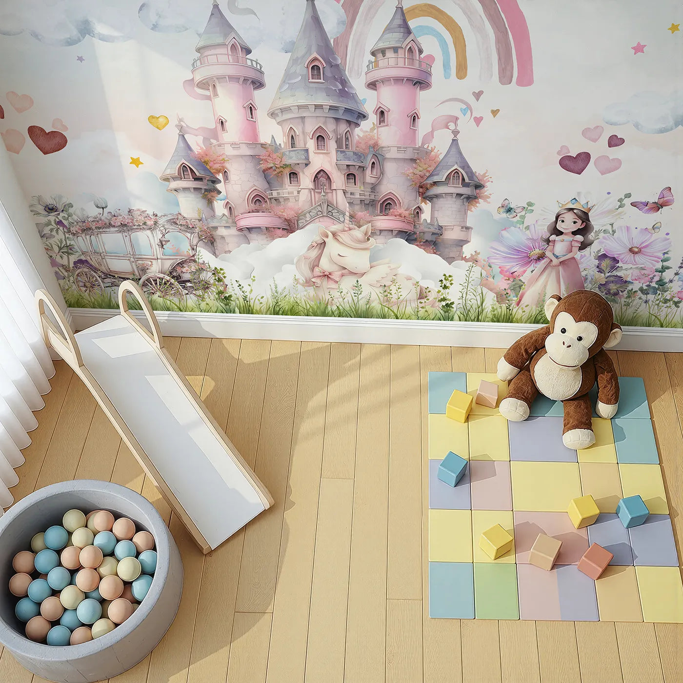 Top-down view of Whimsy Tots' Princess and Unicorn Wall Mural (Turn Their Room into the Sweetest, Most Magical Fairytale).Best for Girls
