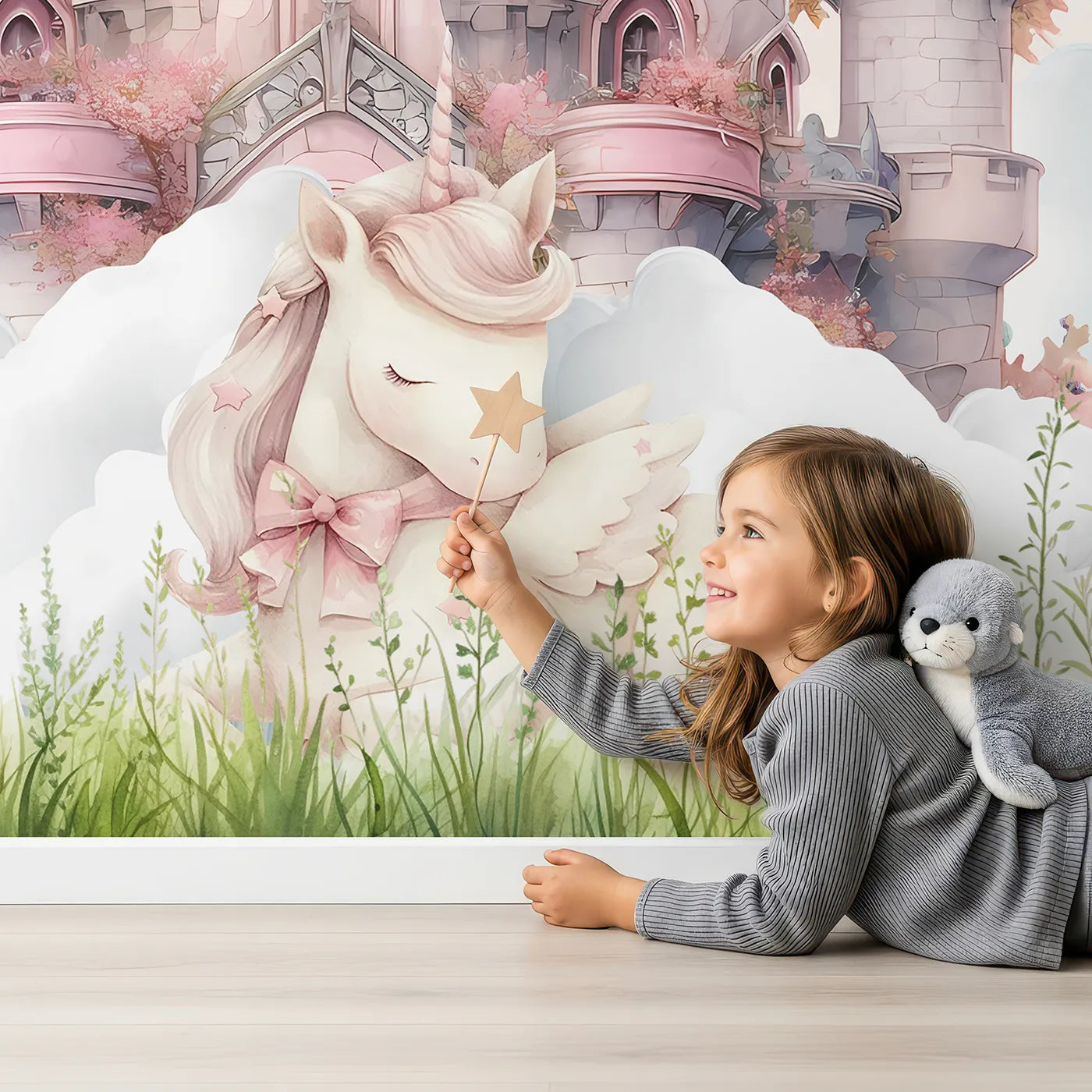 Child in front of Whimsy Tots Princess and Unicorn Wall Mural with princess, unicorn, castle, rainbow, fantasy, magical, pink, cute in design.