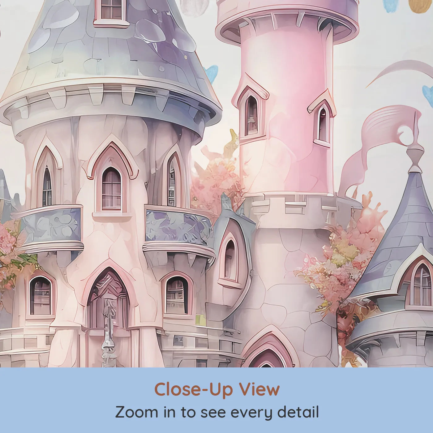 Close-up view of Whimsy Tots' Princess and Unicorn Wall Mural (Turn Their Room into the Sweetest, Most Magical Fairytale).Best for Girls