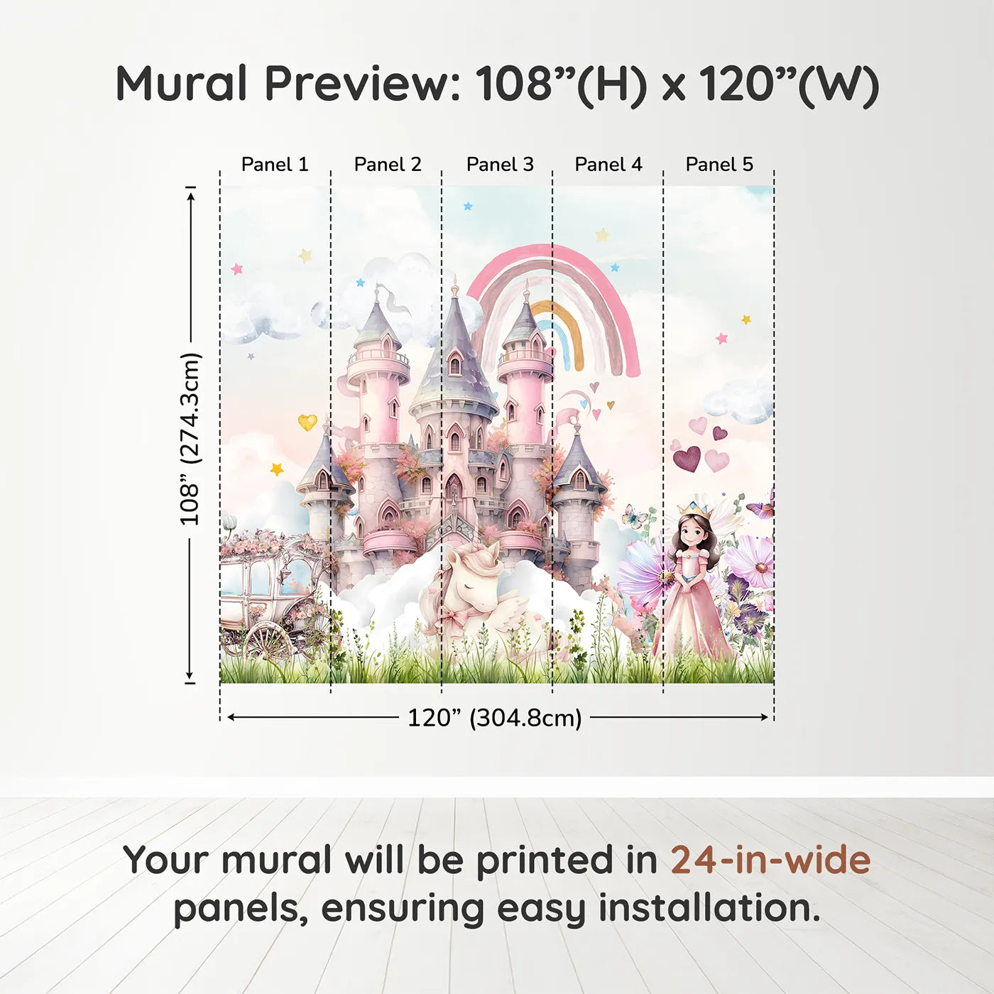 Whimsy Tots Princess and Unicorn Wall Muraldimension view (108" H x 120" W). Printed in five 24-inch-wide panels. Best for Girls