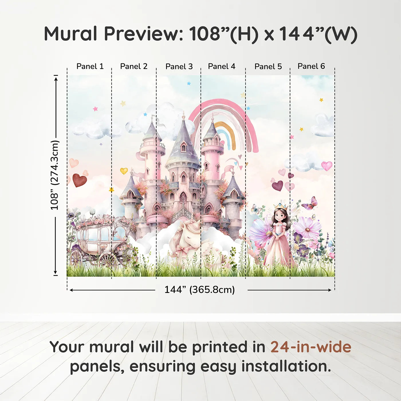 Whimsy Tots Princess and Unicorn Wall Muraldimension view (108" H x 144" W). Printed in six 24-inch-wide panels. Best for Girls