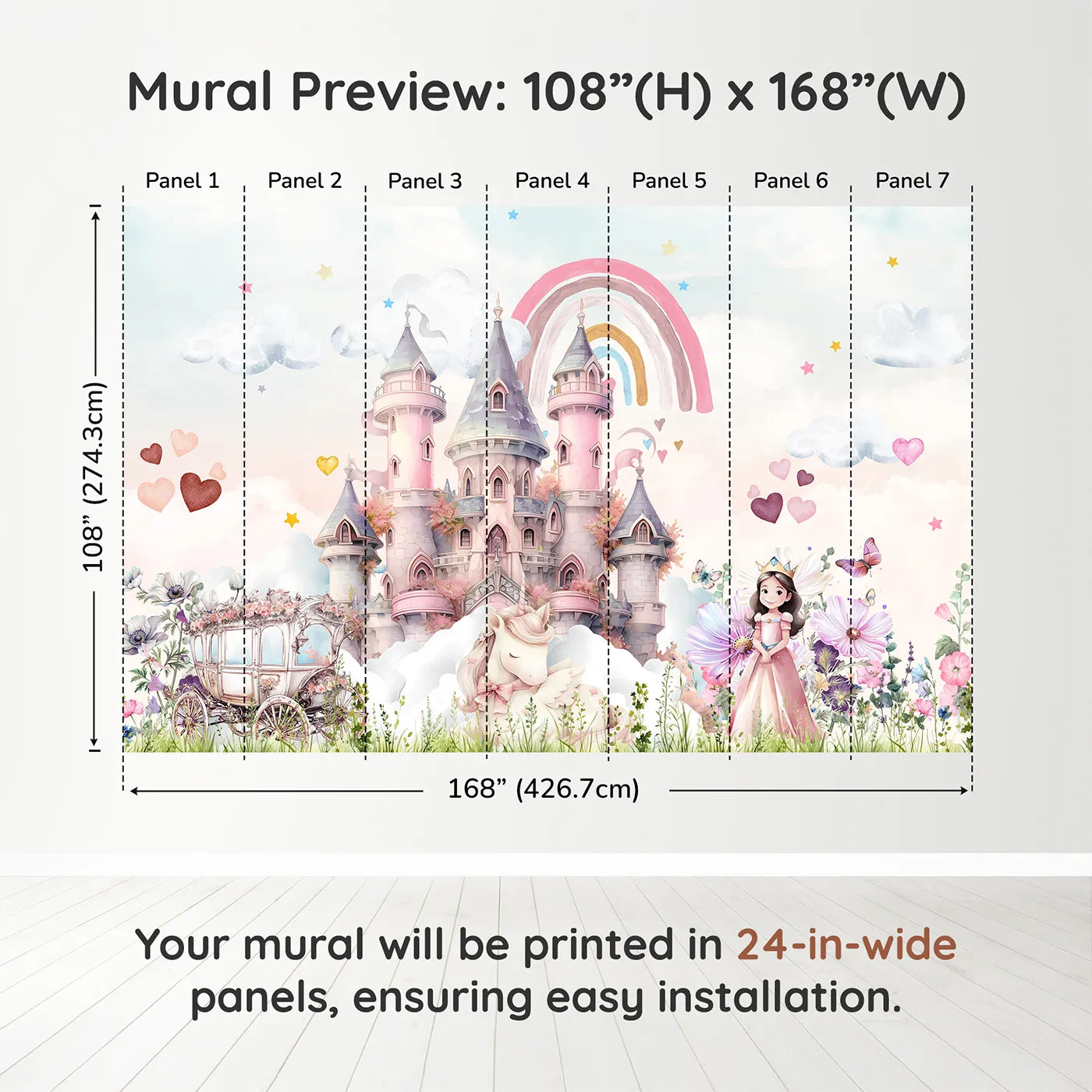 Whimsy Tots Princess and Unicorn Wall Muraldimension view (108" H x 168" W). Printed in seven 24-inch-wide panels. Best for Girls
